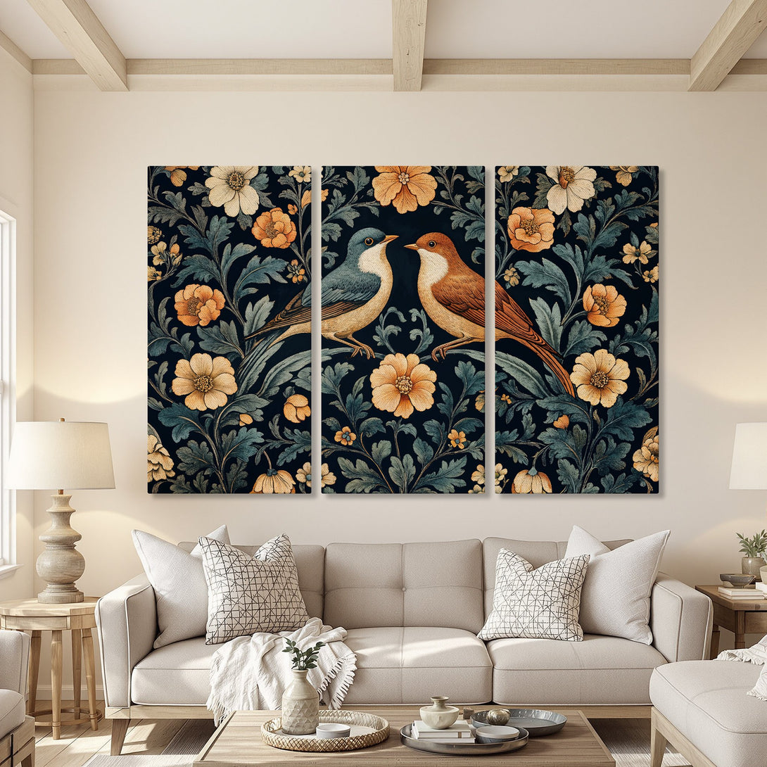 Canvas Print: Floral bird art in a vintage style. Features a dark teal and gold color palette, perfect for adding a touch of elegance to any space.