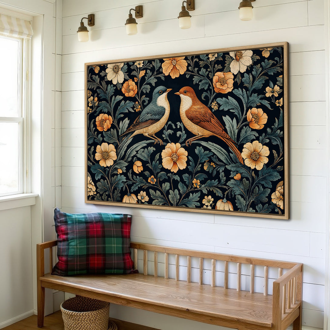 Framed Wall Art featuring birds and floral design in a vintage style. Rich color palette of navy, orange, and teal. Perfect for adding a touch of elegance.