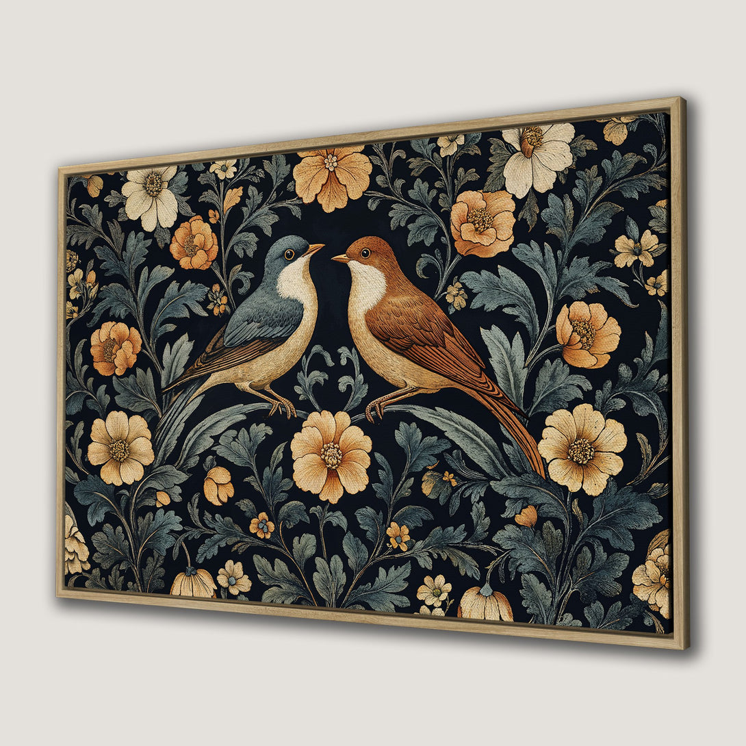 Framed Wall Art: Vintage bird and floral Canvas Print. Features a dark blue background with birds, flowers, and leaves in a warm, earthy color palette.