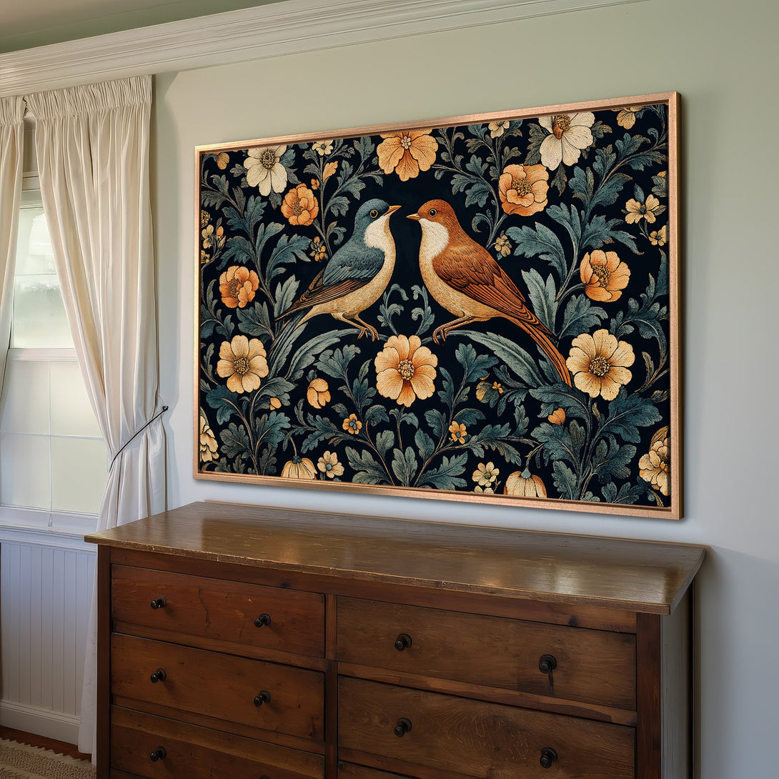Framed Wall Art: Vintage-style Canvas Print of birds and floral pattern in a dark blue, orange, and teal color palette. Perfect for home decor.