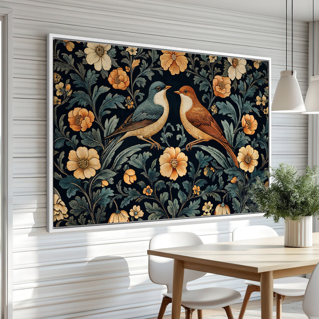 Framed Wall Art featuring birds and floral design in a vintage style with a dark, teal, and gold color palette. Perfect for home decor.
