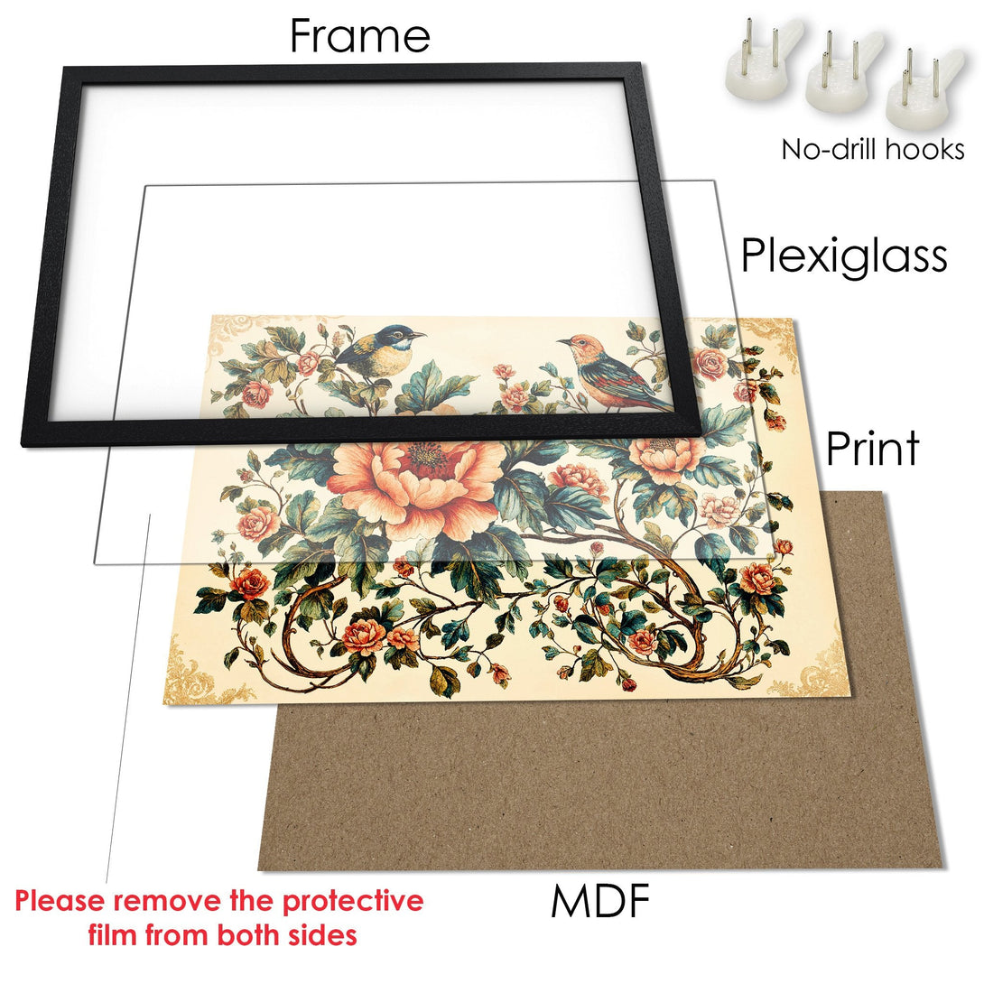 Framed Poster featuring vintage floral and bird art in a warm, inviting color palette. Perfect wall decor!