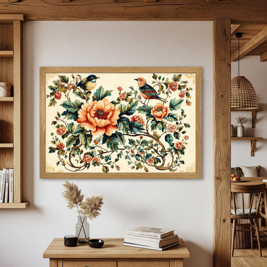 Framed Poster featuring birds and floral design in vintage style with warm color palette. Perfect wall art!