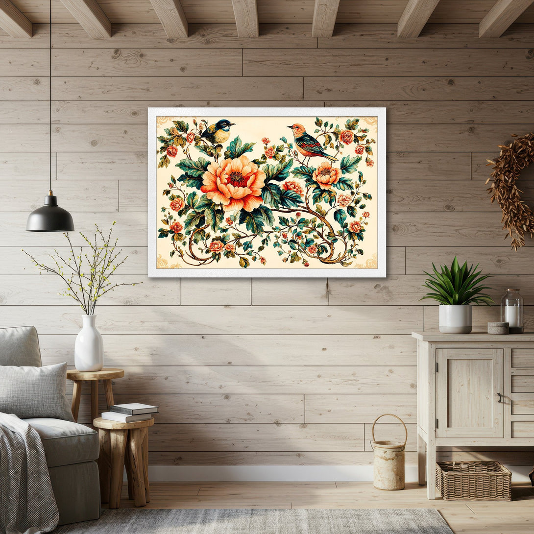 Framed Poster featuring birds & floral design in warm tones. Vintage style art print for home decor. Add a touch of elegance!
