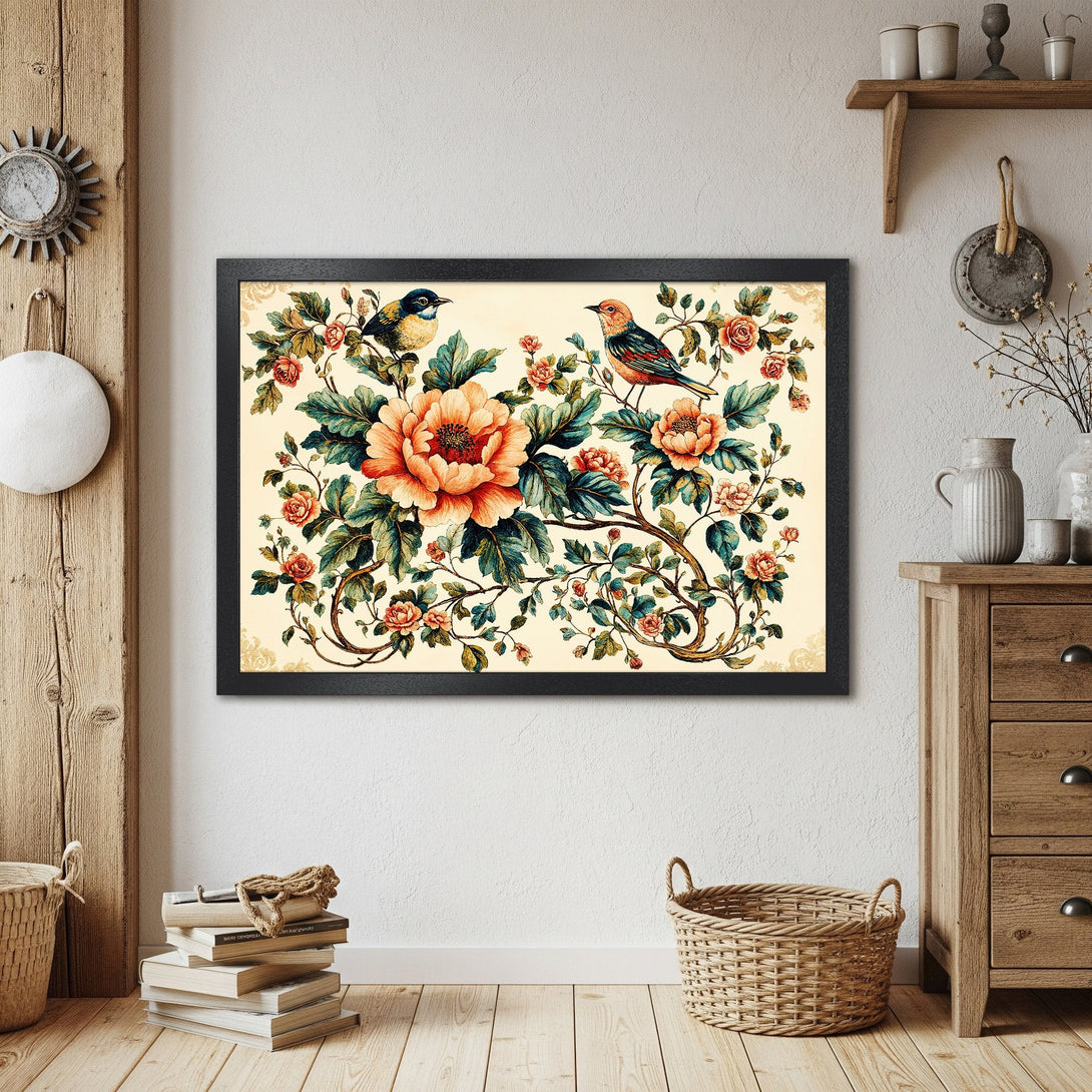 Framed Poster featuring birds and floral design in a vintage style, with a warm, earthy color palette. Perfect wall art!