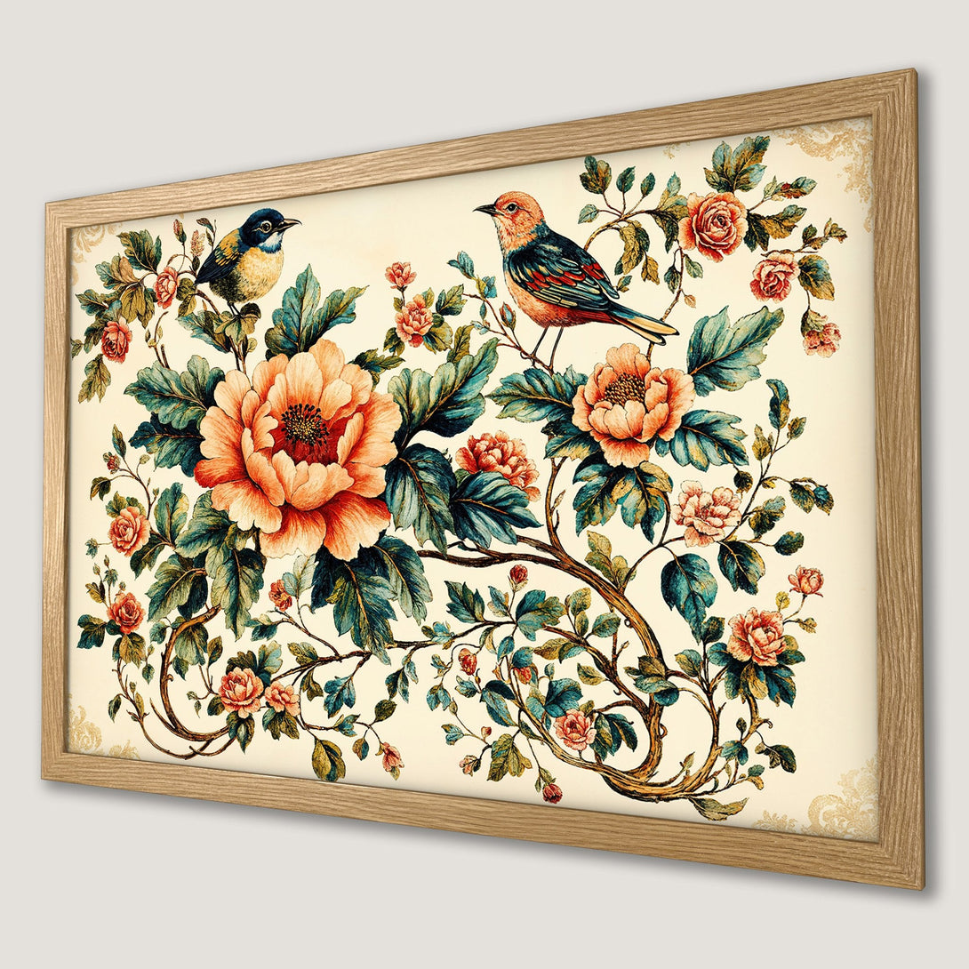 Framed Poster featuring birds & floral design in vintage style with warm earth tones. Perfect wall art for your home!