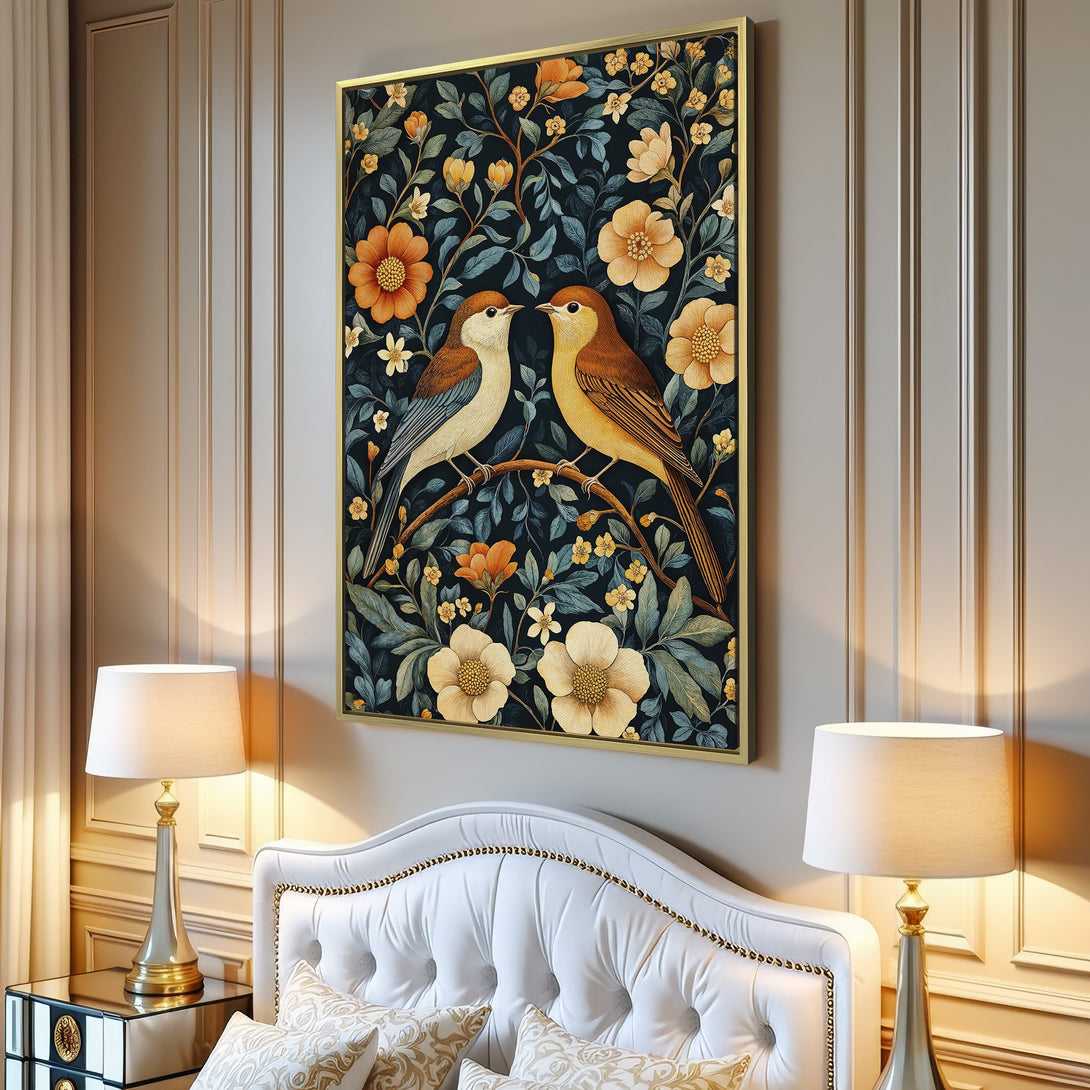 Canvas Print featuring birds and floral design in a vintage style. Dark blue background with orange, yellow, and green accents. Perfect wall art for living room.