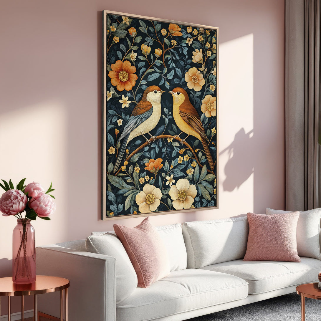 Framed Wall Art featuring birds and floral design in a vintage style. Earthy tones with pops of yellow and blue, perfect for living room decor.