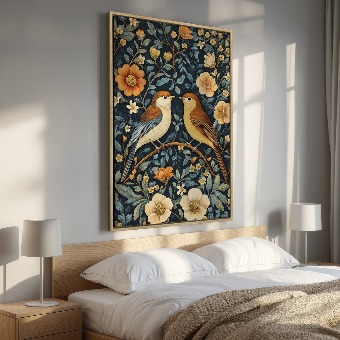 Framed Wall Art: Vintage-style floral print with birds. Features a dark blue background with orange and yellow flowers. Adds elegance and warmth to any room.