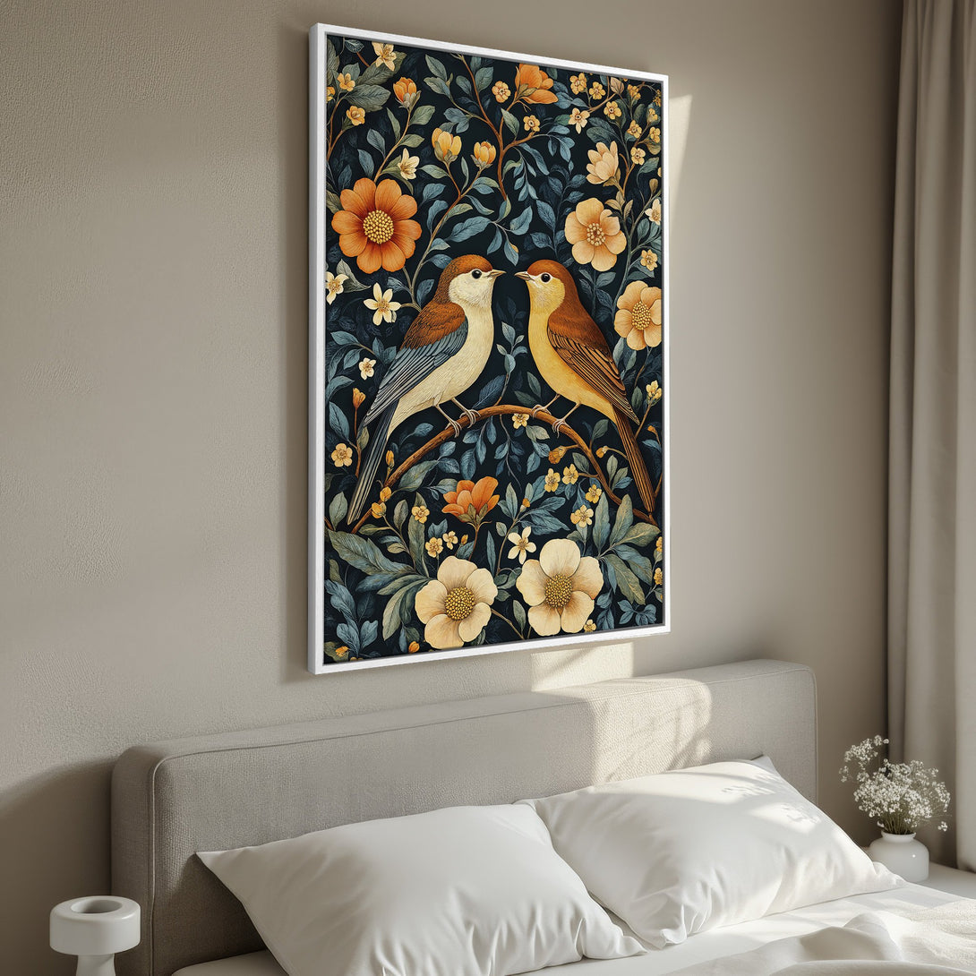 Framed Wall Art featuring birds and floral design in a vintage style. Dark blue, orange, and yellow color palette. Perfect for bedroom decor.