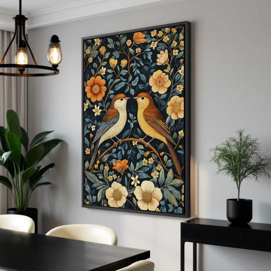 Framed Wall Art featuring a charming bird and floral design in a vintage style, with a dark blue, orange, and yellow color palette. Perfect for adding elegance!