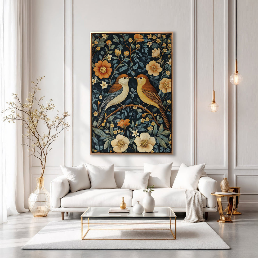 Framed Wall Art featuring birds & floral design in a vintage style with a navy, yellow, and brown color palette, perfect for home decor.