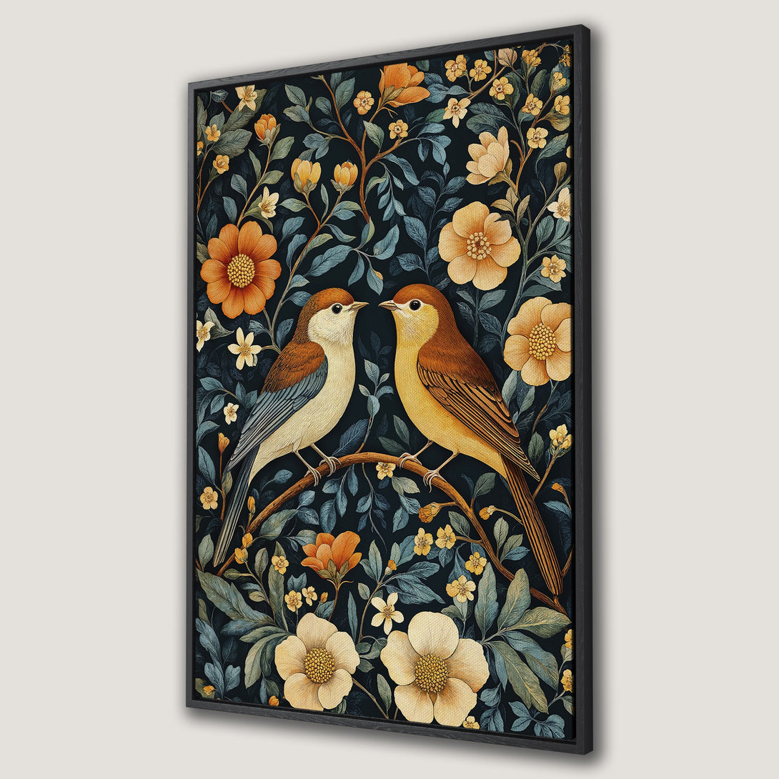 Framed Wall Art featuring two birds on a branch, surrounded by floral elements. Vintage style with a dark, moody color palette of blues, oranges, and yellows.