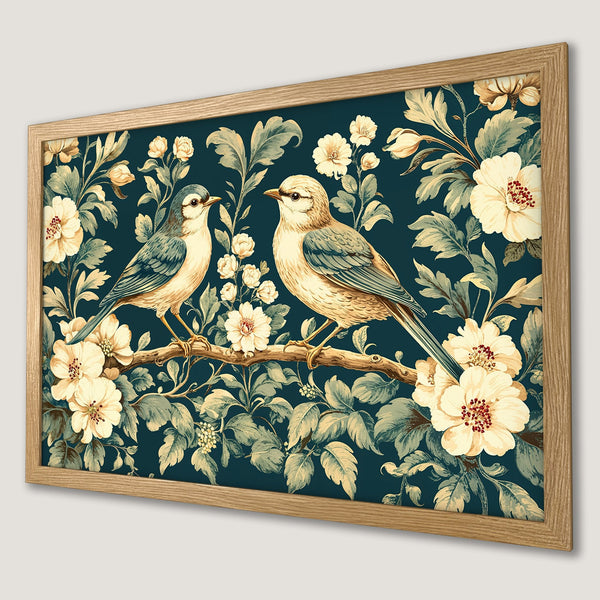 Framed Poster featuring birds on a branch with floral details. Vintage style art in teal, cream, and beige color palette. Perfect wall decor.