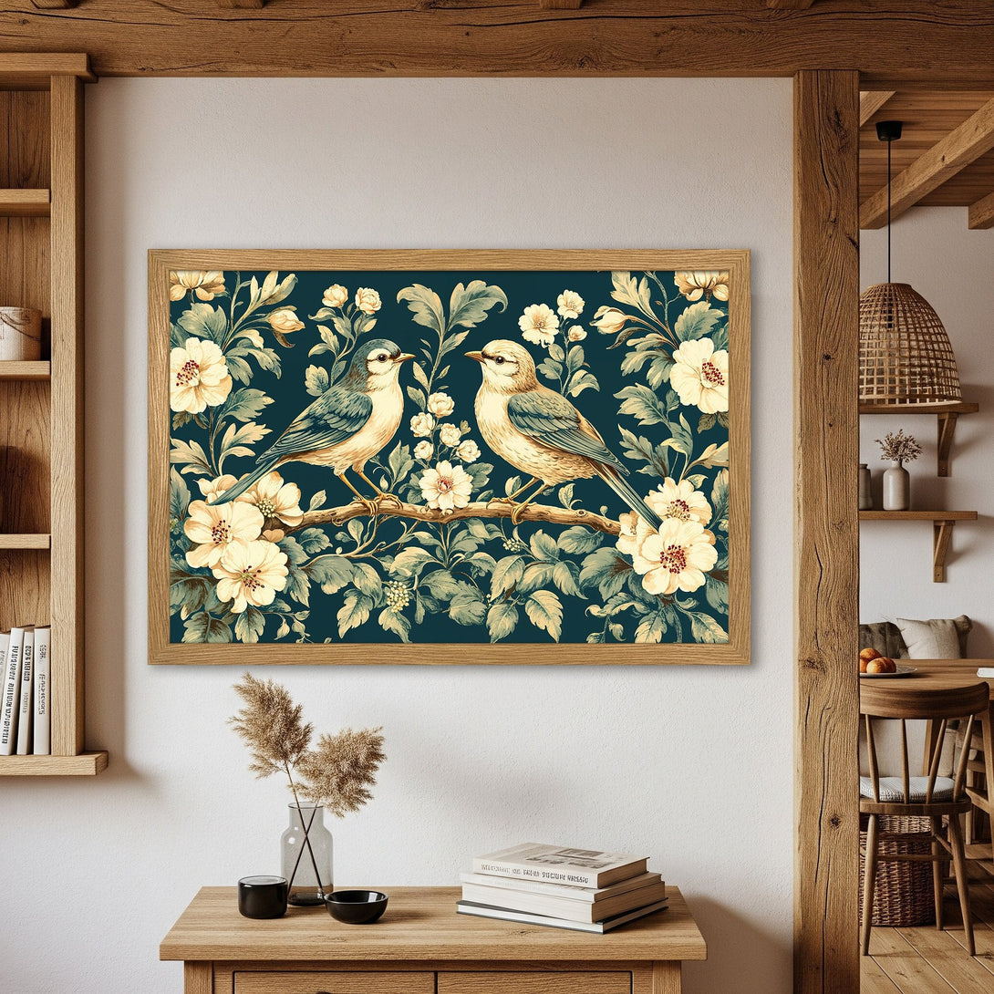 Framed Poster featuring birds & floral design in a vintage style with a teal and cream color palette. Perfect wall art!