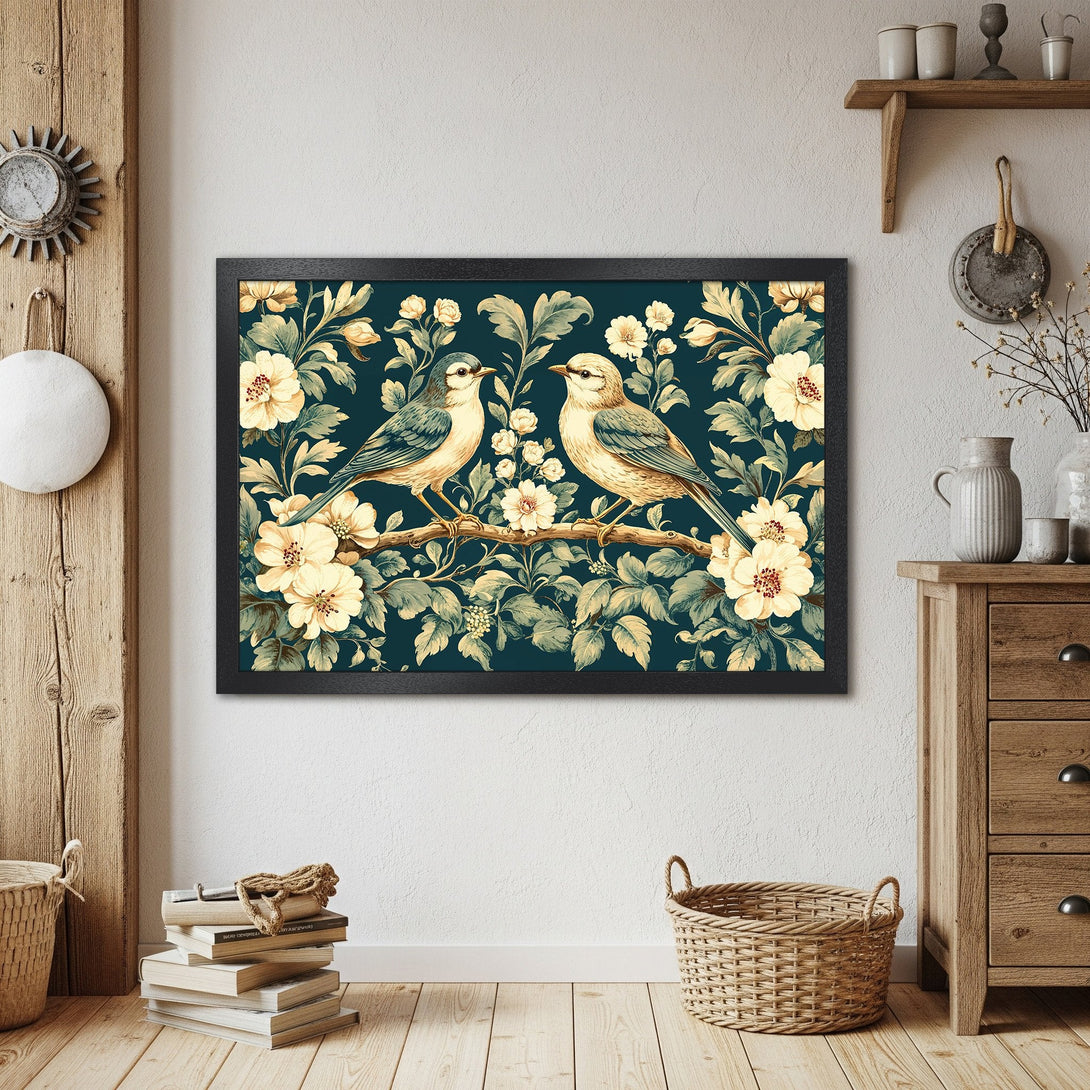 Framed Poster featuring birds and floral design in a vintage style with a teal and cream color palette. Perfect for home decor!
