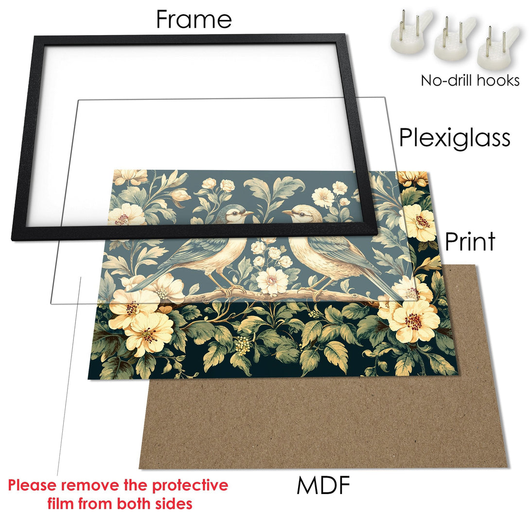 Framed Poster featuring a vintage bird and floral design in a dark teal and cream color palette. Perfect wall art!