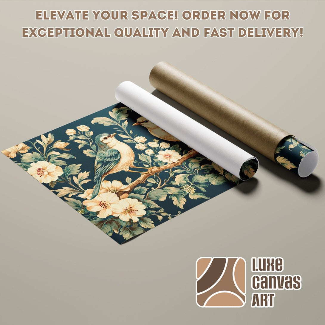 Poster Roll featuring a bird and floral design in a vintage style with a teal and cream color palette.