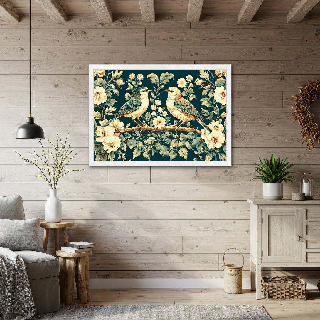 Framed Poster featuring birds and floral design in a vintage style, with a teal, cream, and green color palette. Perfect wall art!