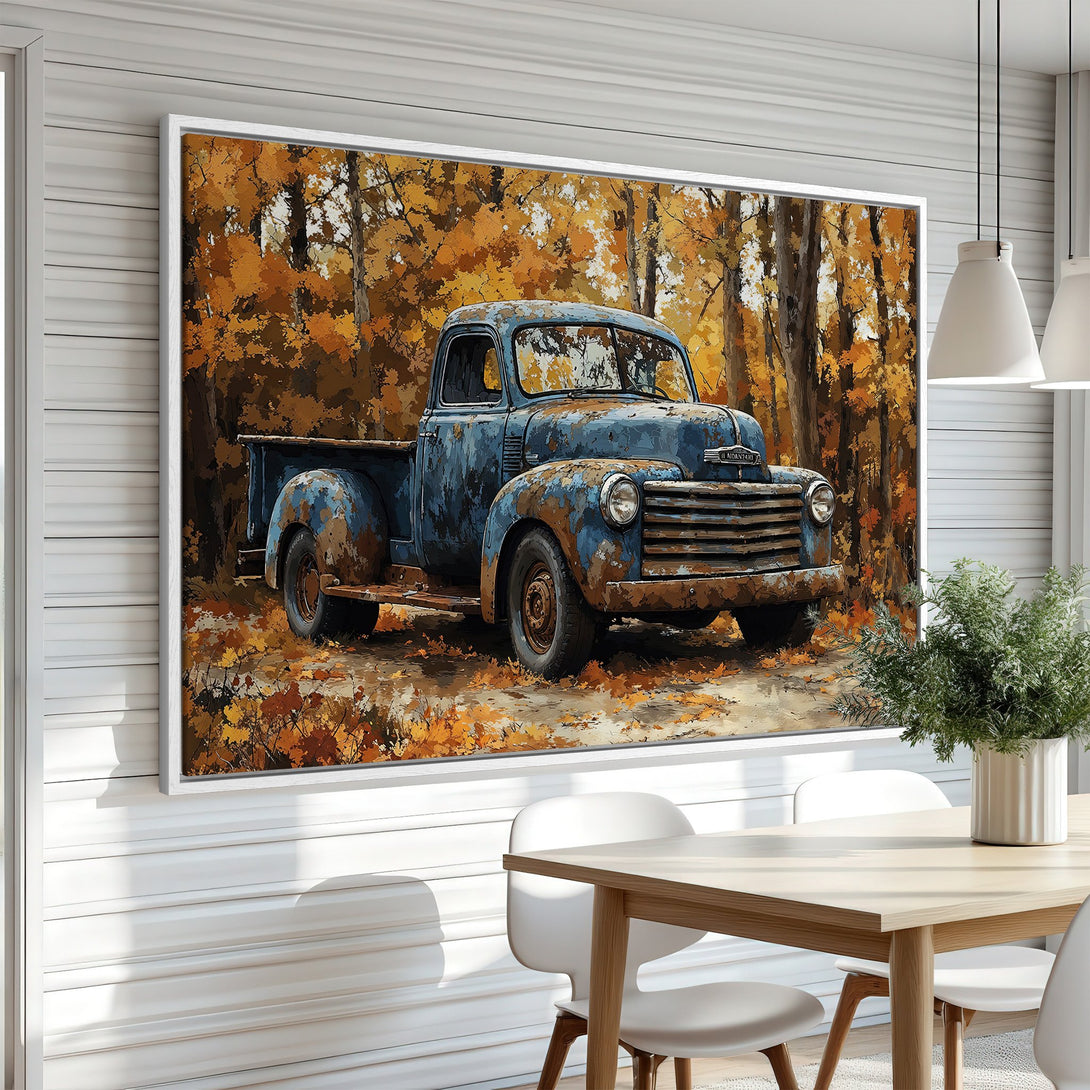 Framed Wall Art: Vintage blue truck in autumn forest. Rustic painting with warm orange and brown tones. Perfect for farmhouse decor.