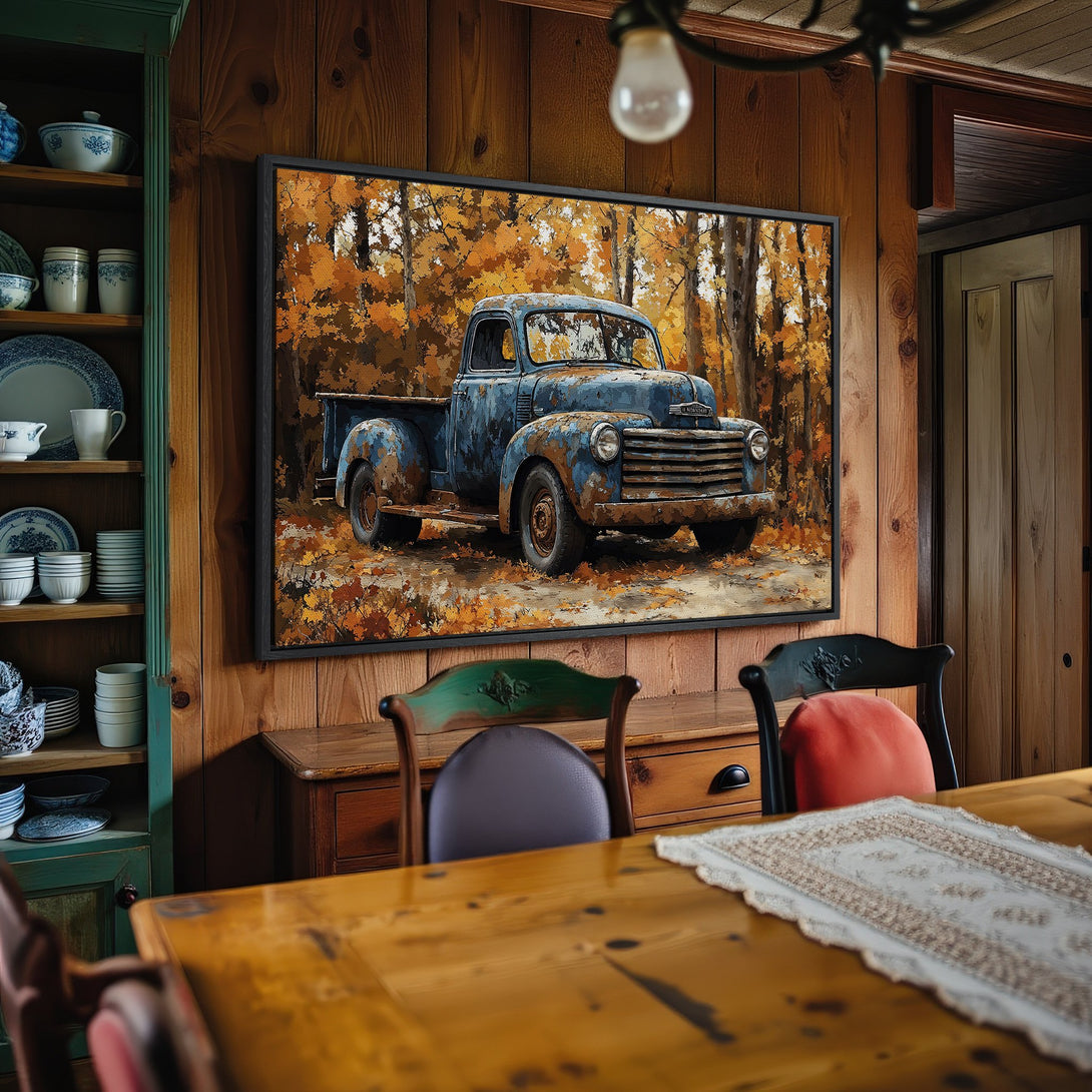 Framed Wall Art: Rustic blue truck Canvas Print in a warm, autumnal color palette. Perfect for adding vintage charm to your home decor.