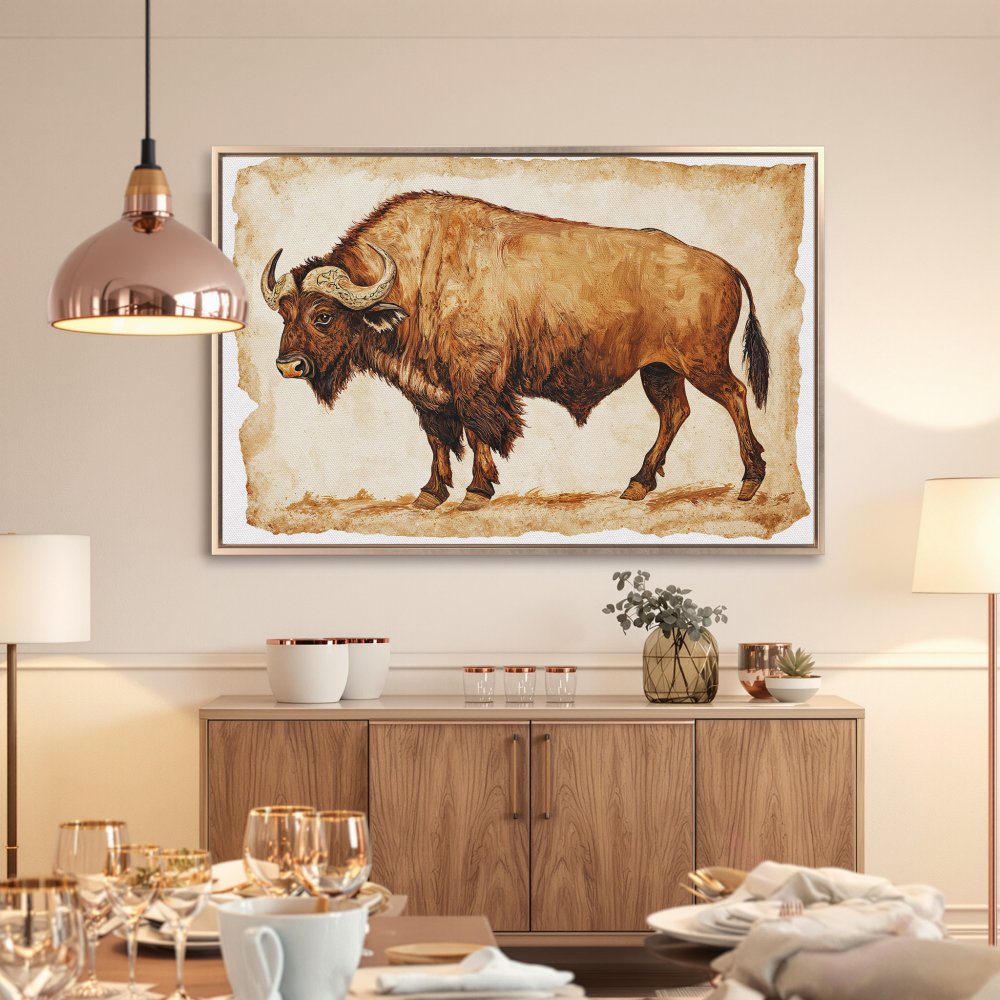 Framed Wall Art: Rustic bison painting in warm brown tones. Perfect for adding a touch of nature and elegance to your home decor.