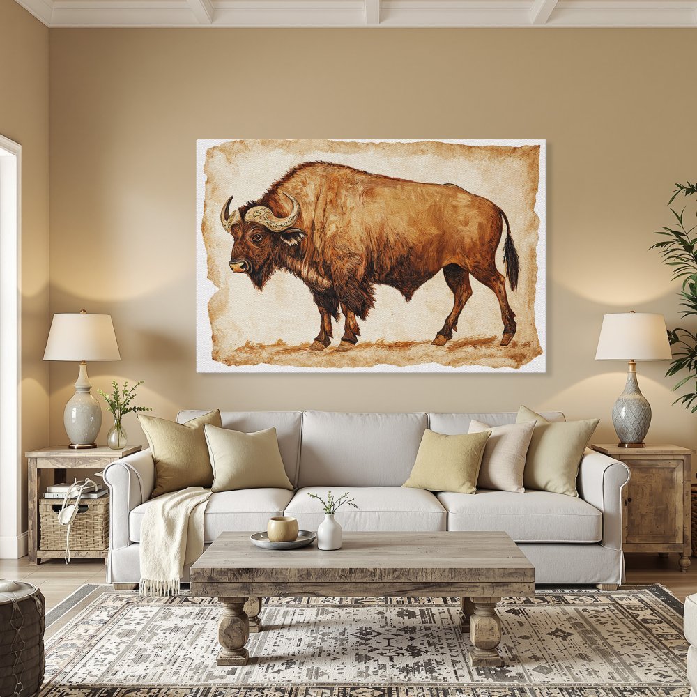 Framed Wall Art: Majestic bison canvas print in warm earth tones. Rustic style art perfect for living rooms and dining rooms. Shop now!