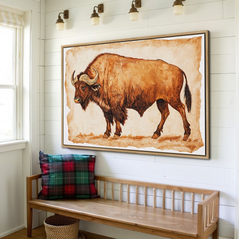 Framed Wall Art: Majestic bison painting in warm earth tones. Rustic style canvas print adds a touch of nature to any space. Shop now!