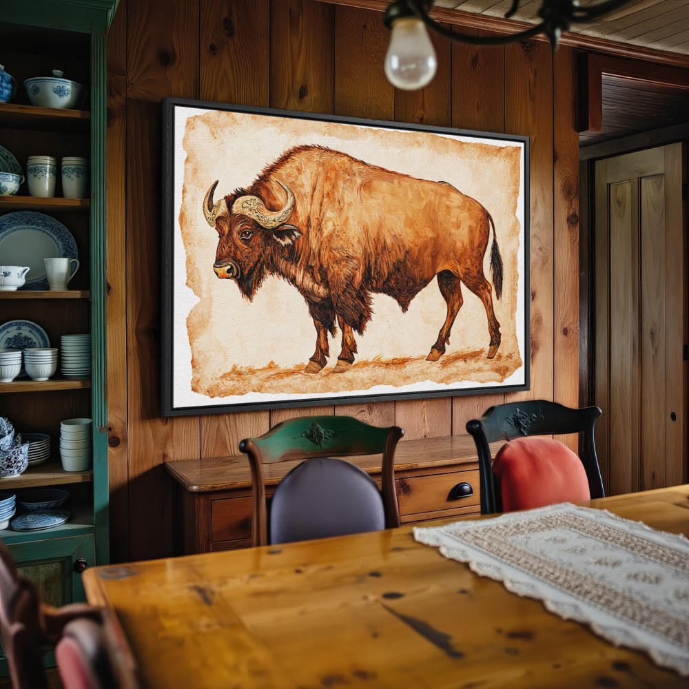 Framed Wall Art: Rustic bison painting in warm brown tones. Bring nature's beauty indoors with this stunning canvas print!