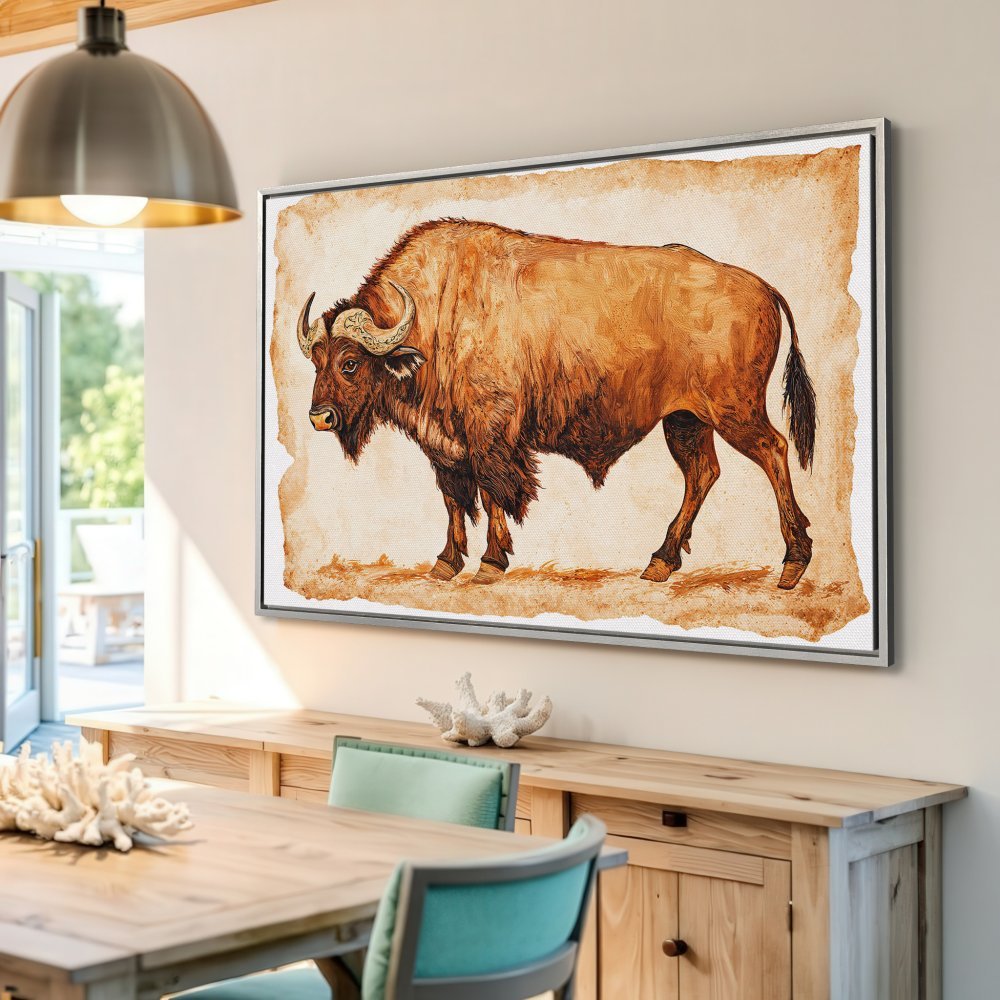 Framed Wall Art: Majestic bison canvas print in warm brown tones. Rustic style artwork perfect for your home decor.