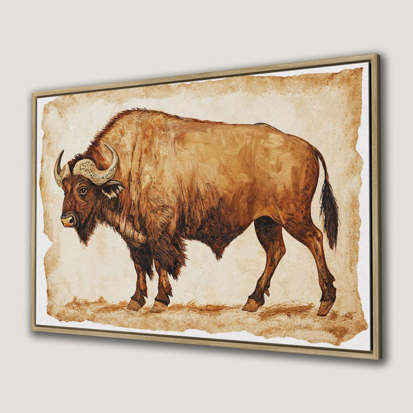 Canvas Print of a majestic bison, painted in a vintage style with a warm, earthy brown color palette. Perfect Framed Wall Art for rustic decor.