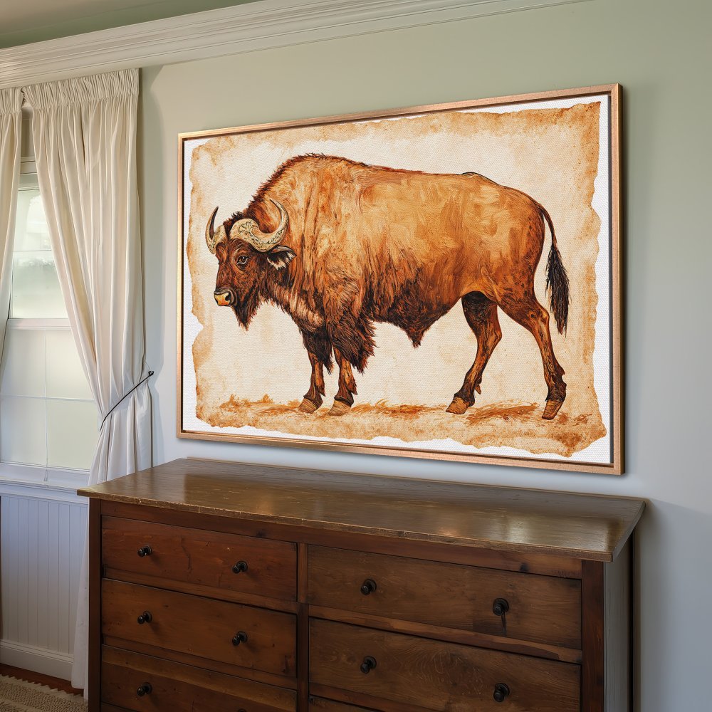 Framed Wall Art: Majestic bison canvas print in warm brown tones. Rustic animal art for your home decor.