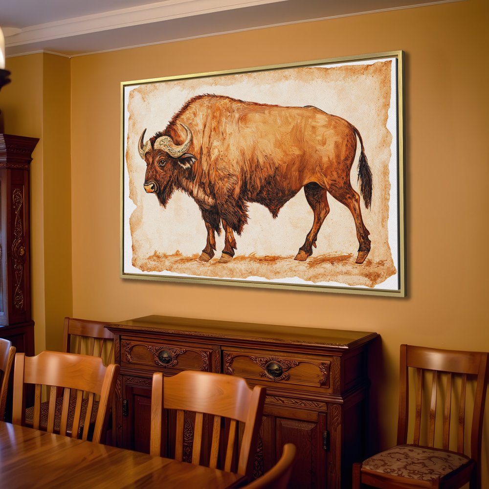 Canvas Print of a majestic buffalo, painted in a rustic style with warm brown and beige tones, perfect for living room decor.