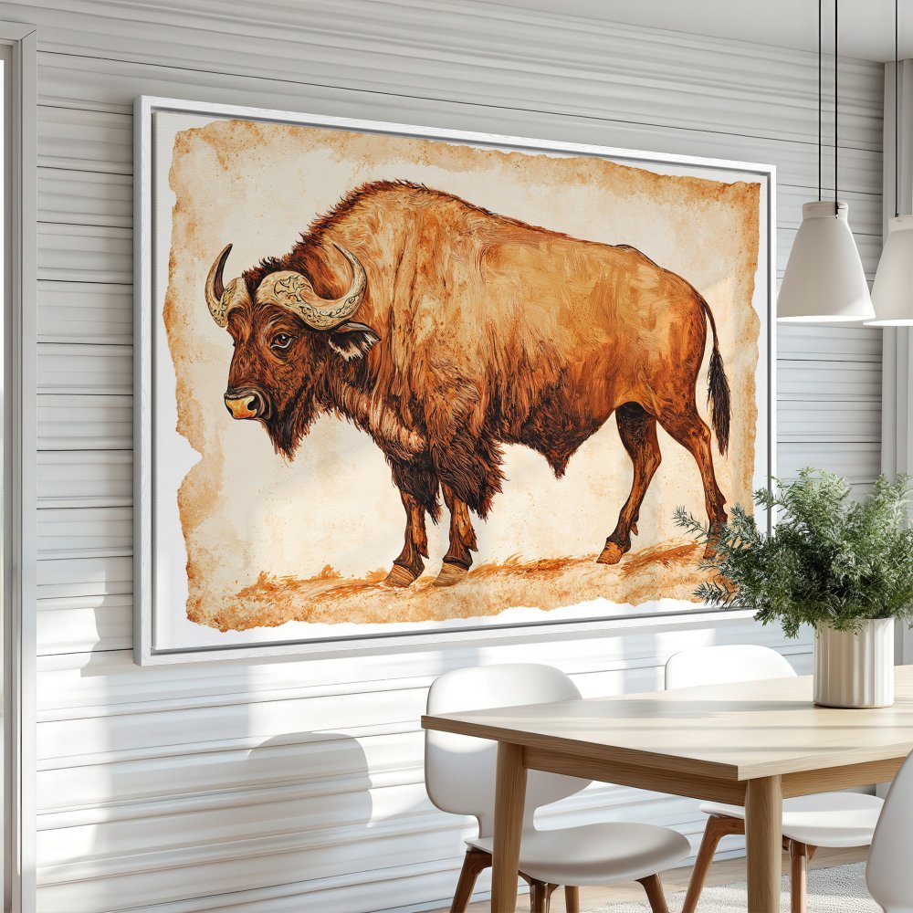 Framed Wall Art: Majestic bison illustration in warm brown tones. Rustic style Canvas Print perfect for adding a touch of nature to your home decor.