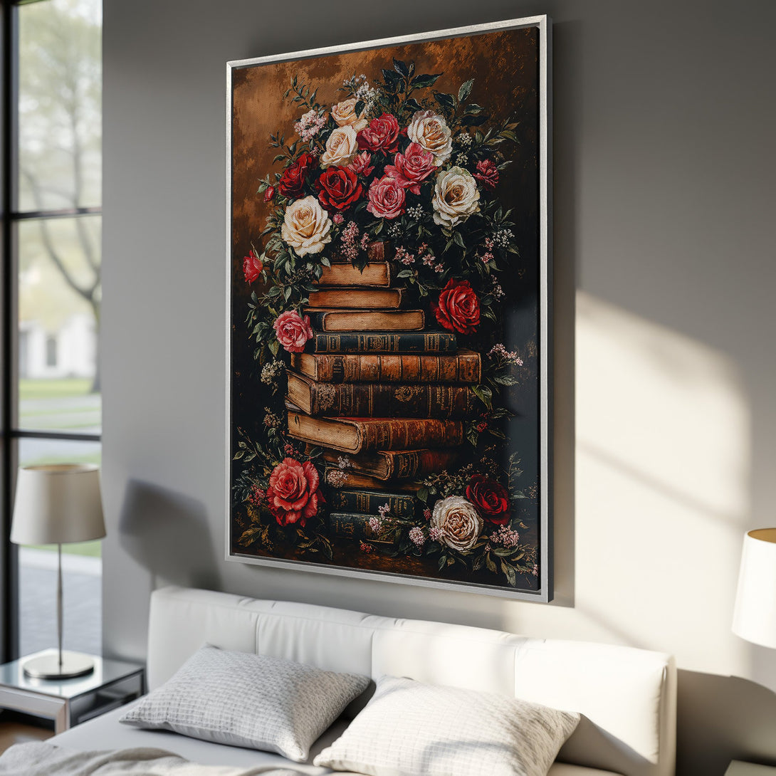 Framed Wall Art: Vintage floral Canvas Print with roses and books. Rich red, cream, and brown color palette. Perfect for bedroom decor.