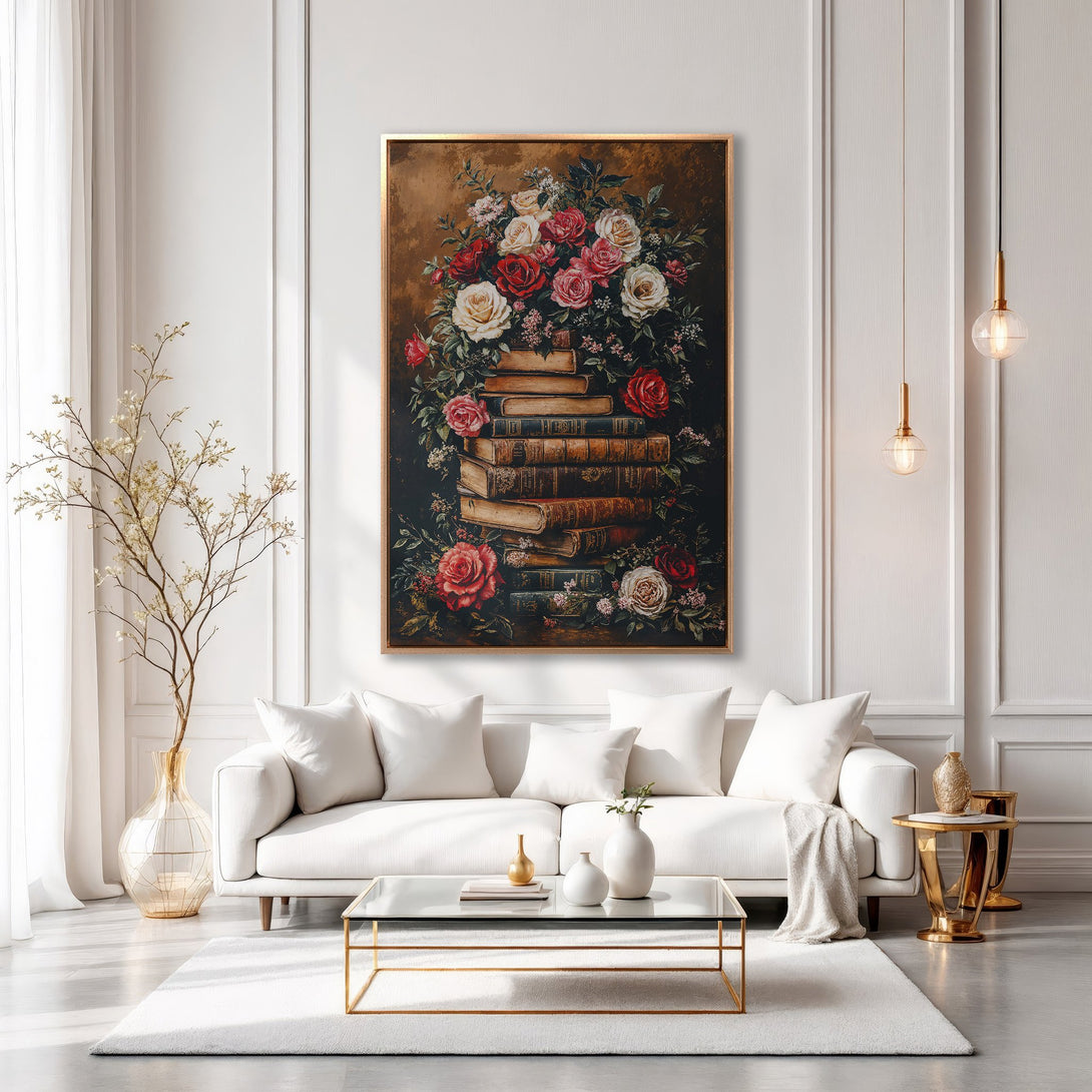 Framed Wall Art: Elegant floral still life Canvas Print in warm tones. Perfect for adding a touch of sophistication to any living room.
