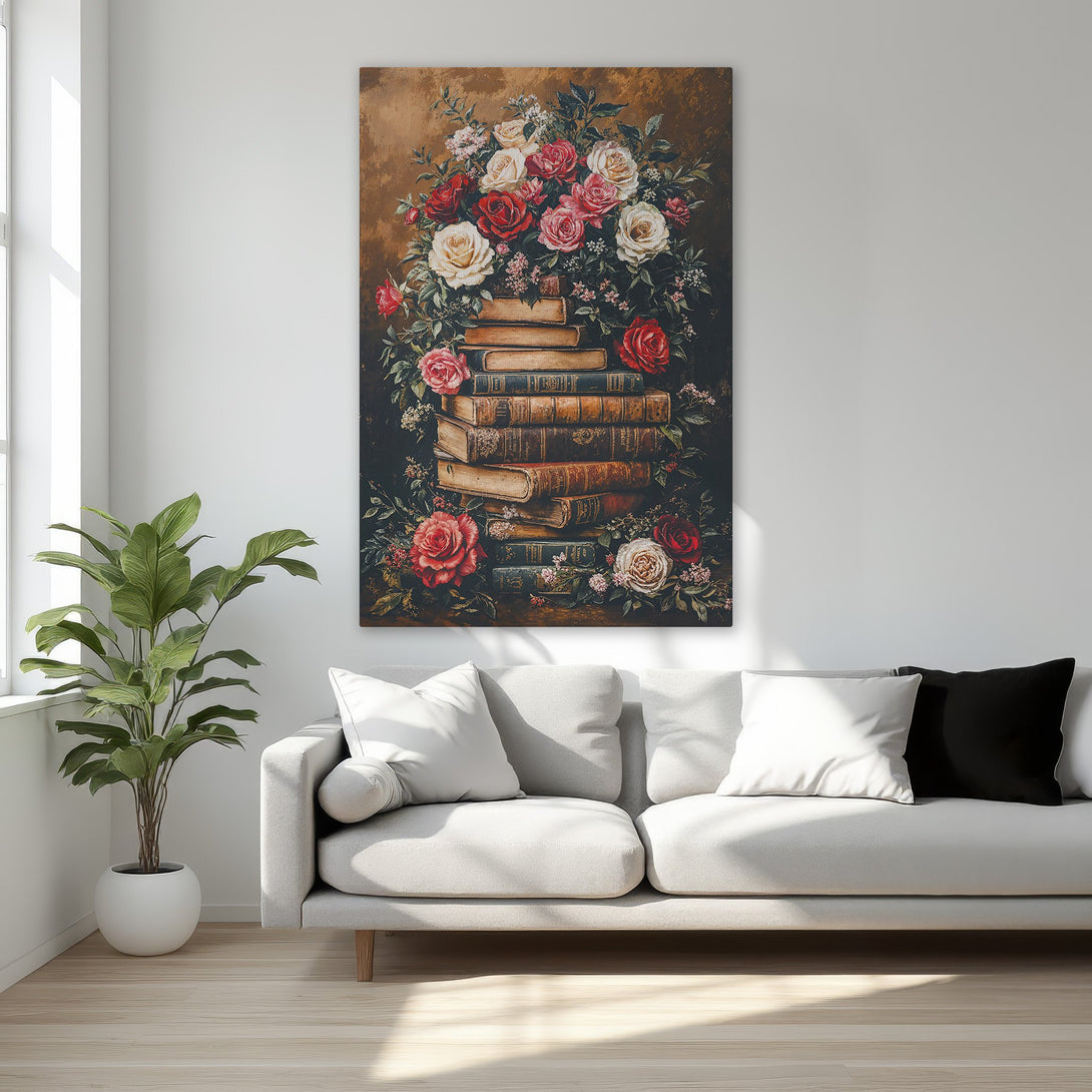 Framed Wall Art: Vintage floral print with roses and books, warm color palette. Perfect for bedroom decor.