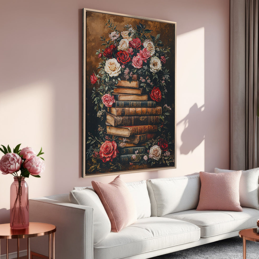 Framed Wall Art: Vintage floral print with roses & books. Warm color palette of reds, creams, and browns. Perfect for adding elegance to your home.