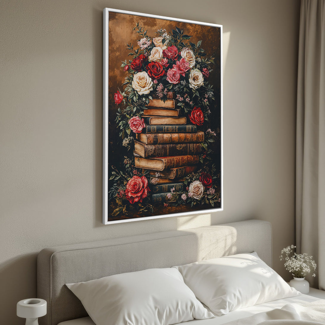 Framed Wall Art featuring a vintage floral still life with roses and books. Rich red, cream, and green hues on a dark background. Perfect bedroom decor!