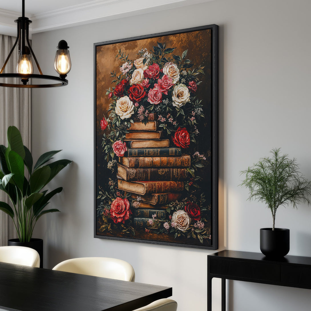 Framed Wall Art featuring a vintage floral still life with roses and books. Warm, rich color palette perfect for a classic interior. Add elegance to your home!