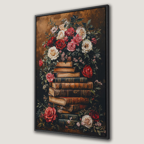 Framed Wall Art featuring a vintage floral still life with roses and books. Rich, warm color palette with reds, pinks, and browns. Perfect for adding a touch of classic elegance.