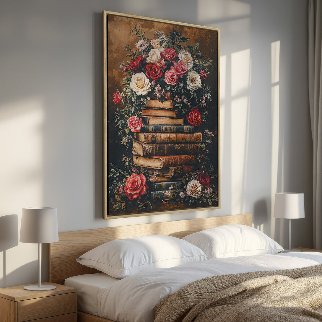 Framed Wall Art: Vintage floral print featuring roses and books. Warm, rich color palette with reds, browns, and greens. Perfect bedroom decor.