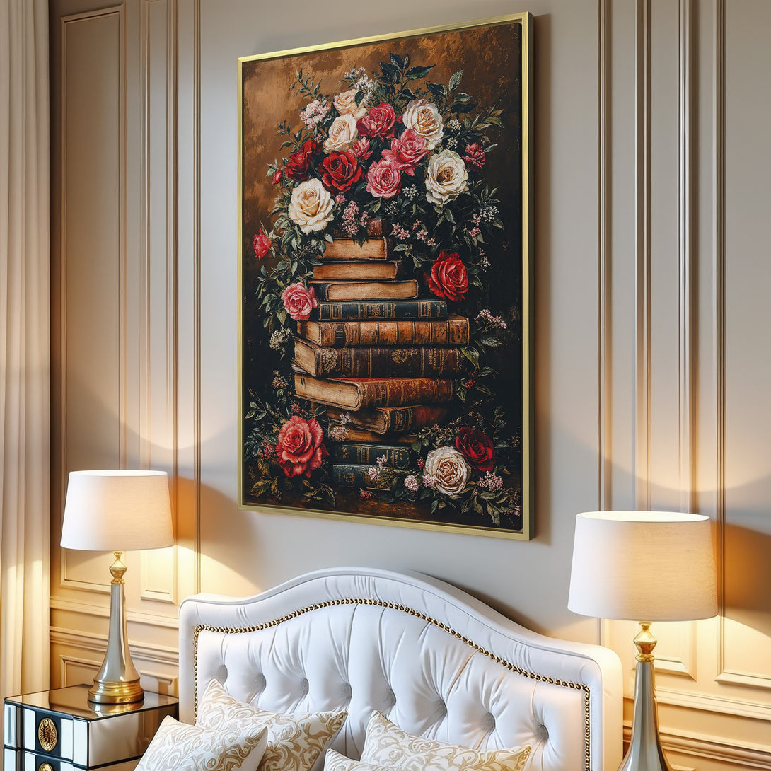 Canvas Print of roses and books in a vintage style, featuring a warm, earthy color palette. Perfect for adding a touch of elegance to any space.