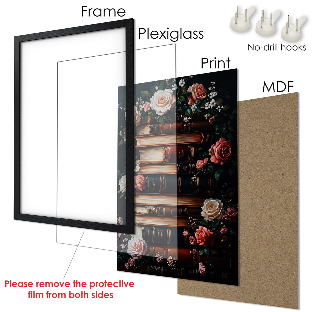 Framed Poster with floral and book design. Romantic style, featuring roses in a dark, warm color palette. Ready to hang!
