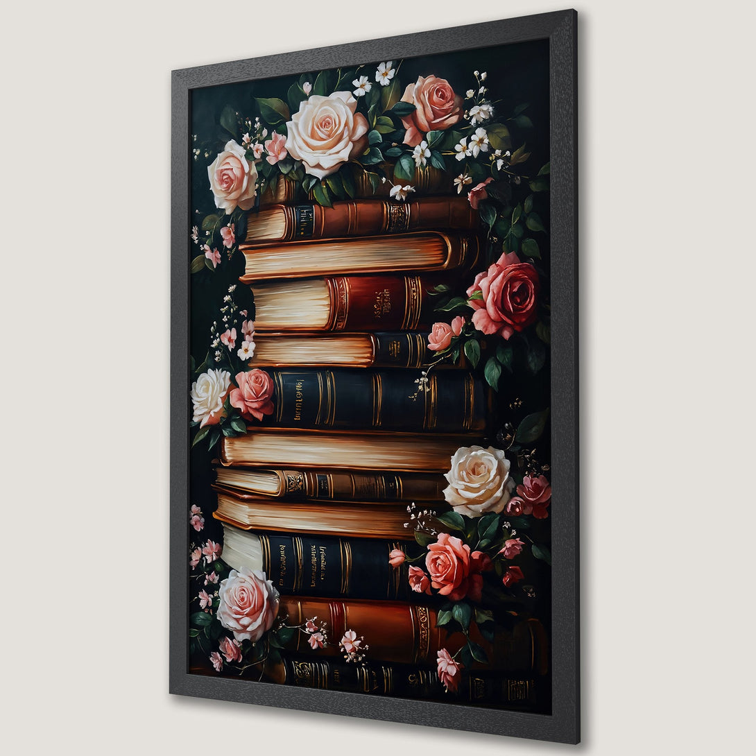 Framed Poster featuring a stack of books and roses, in a romantic, vintage style. Dark, moody color palette with pops of pink and cream.