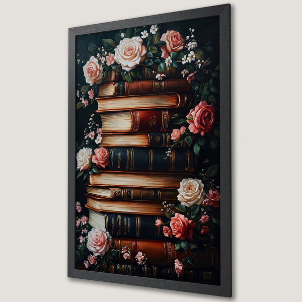 Framed Poster featuring a stack of books and roses, in a romantic, vintage style. Dark, moody color palette with pops of pink and cream.