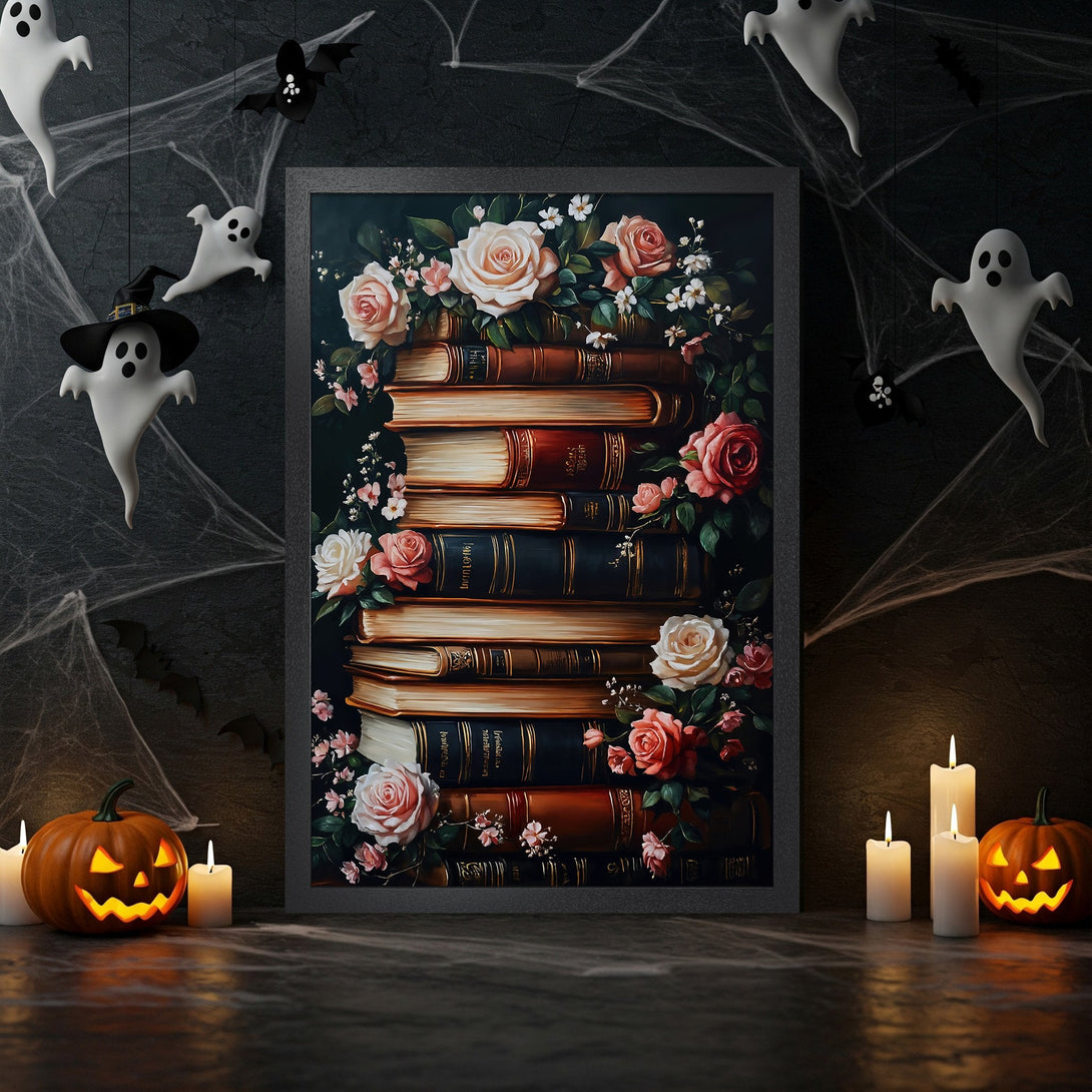 Framed Poster featuring vintage books and roses, with a dark, moody color palette and Halloween decor.