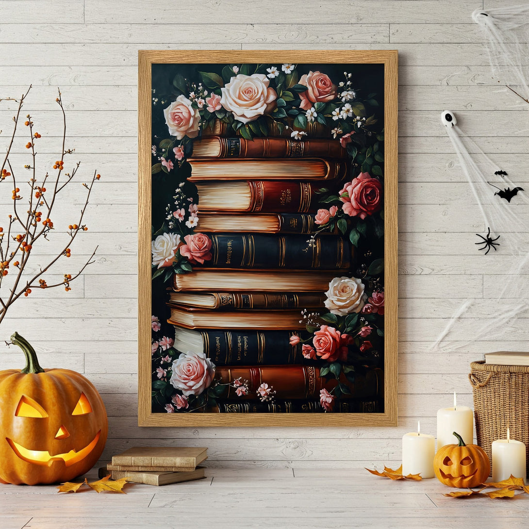 Framed Poster featuring vintage books and roses, perfect for Halloween decor. Romantic floral art in a warm color palette.