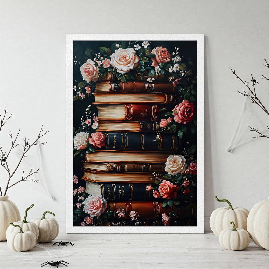 Framed Poster featuring a stack of books and roses in a vintage style with a dark, romantic color palette. Perfect wall art for your home!