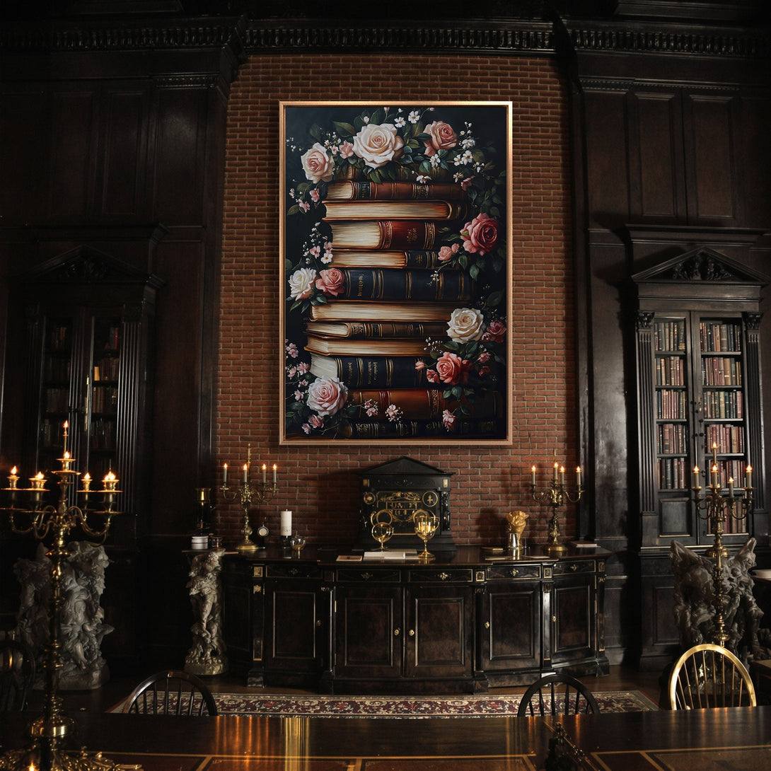 Framed Wall Art featuring a stack of books and roses, displayed in a luxurious interior. Warm, romantic color palette with dark wood tones.